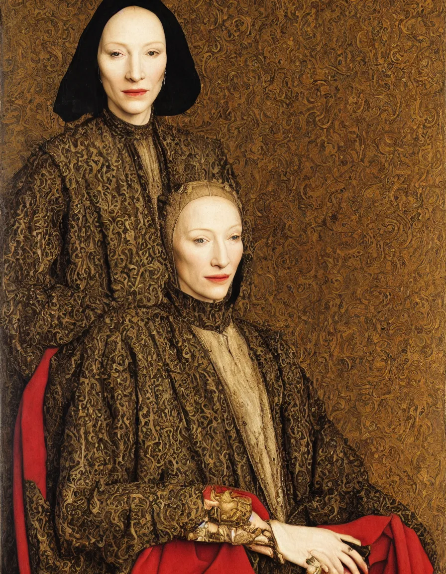 Prompt: portrait of cate blanchett, oil painting by jan van eyck, northern renaissance art, oil on canvas, wet - on - wet technique, realistic, expressive, detailed textures, illusionistic detail