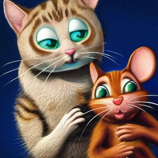 Image similar to hyper realistic tom the cat clutching jerry the mouse, both looking directly at the camera with bloodshot eyes