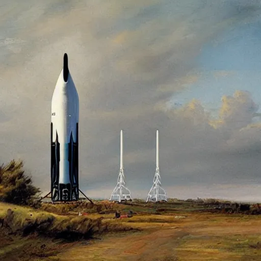 Prompt: An classic painting of the SpaceX Starship launchpad in the Victorian Age