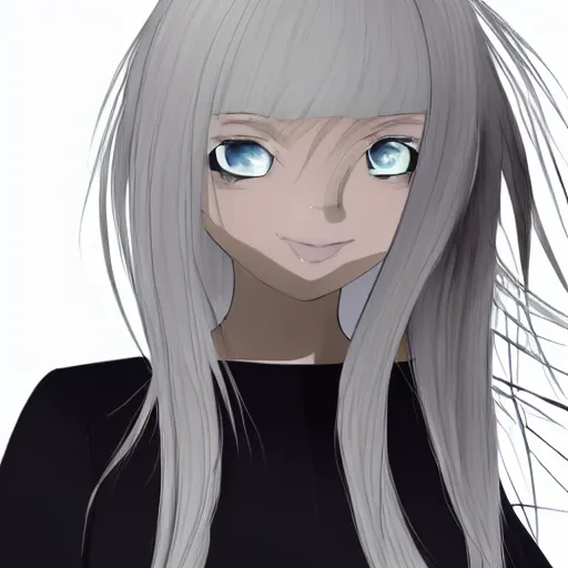 Image similar to young woman with long wavy ashen silver hair, with blackness instead of eyes, anime