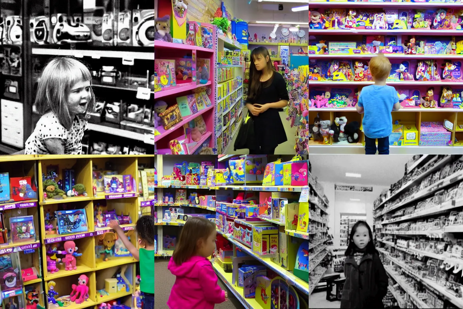 Prompt: CCTV footage, A girl in the toy shop