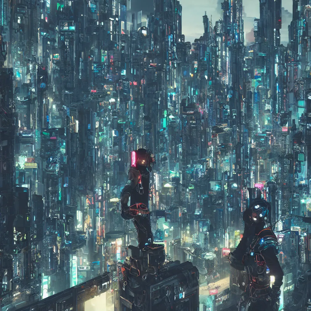 Prompt: cyberpunk style city, a young man with an oxygen mask was standing on the roof of the building, 8 k, highly detailed, ultra detailed, by friendly robot