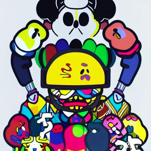 Prompt: streetwear fashion influencer character illustration by kaws by takashi murakami