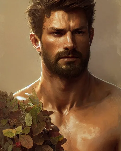 Prompt: god of the forest, 3 0 years old, rugged, male, gorgeous, detailed face, amazing, thighs!!!!!!, muscular, intricate, highly detailed, digital painting, artstation, concept art, sharp focus, illustration, art by greg rutkowski and alphonse mucha