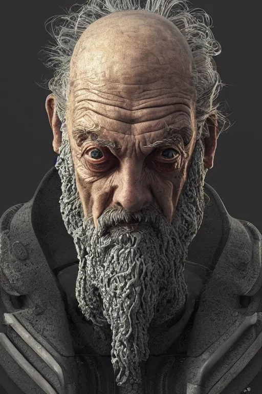 Prompt: portrait of a robot resembling Alan Moore, intricate wrinkles, dystopian toy, sci-fi, extremely detailed, biopunk, human hands, digital painting, sculpted in zbrush, artstation, concept art, smooth, sharp focus, illustration, chiaroscuro lighting, golden ratio, incredible art by Stanley Artgerm Lau and Greg Rutkowski, composition by Alphonse Mucha and Simon Stalenhag