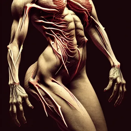 Image similar to female werewolf with translucent skin, visible muscles and veins and arteries and bones and spine and nerves, beautiful detailed intricate insanely detailed octane render, 8K artistic photography, photorealistic, chiaroscuro, by David Cronenberg, Raphael, Caravaggio