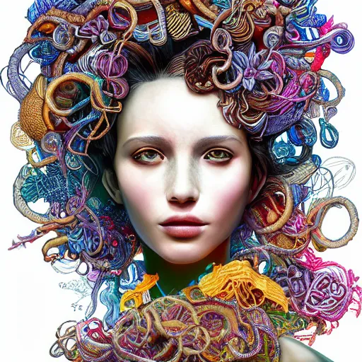 Image similar to the portrait of a ridiculously beautiful and elegant woman partially made of onion rings of all colors, an ultrafine detailed illustration by james jean, final fantasy, intricate linework, bright colors, behance contest winner, vanitas, angular, altermodern, unreal engine 5 highly rendered, global illumination, radiant light, detailed and intricate environment