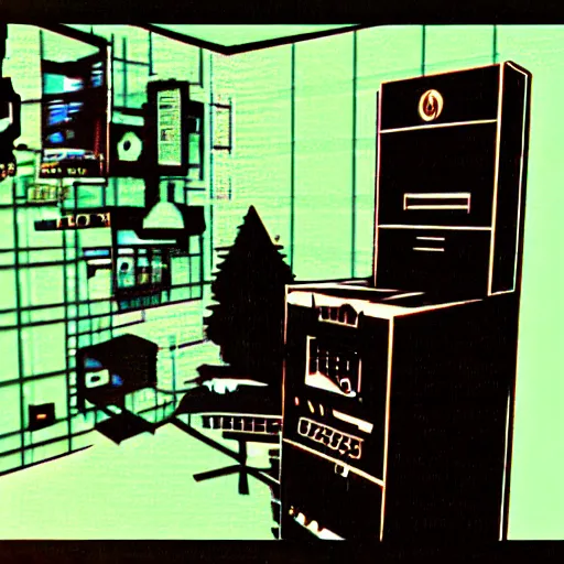 Prompt: an old computer screen showing a low poly horror games, the horror game shows a person and an apartment in a low poly style, hyper detailed computer, super realistic.