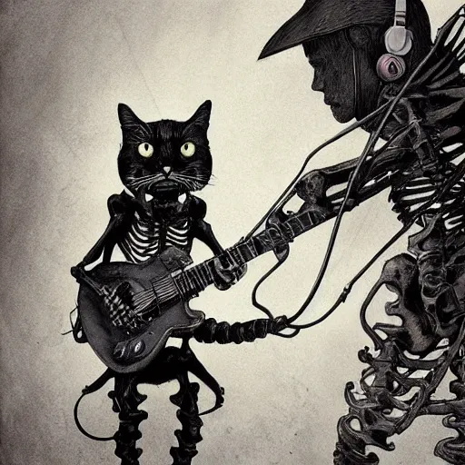 Image similar to skeleton wearing headphones, watching girl playing guitar while her black cat standing next to her, detailed intricate ink illustration, dark atmosphere, detailed illustration, hd, 4k, digital art, overdetailed art, by greg rutkowski, by loish, complementing colors, Trending on artstation