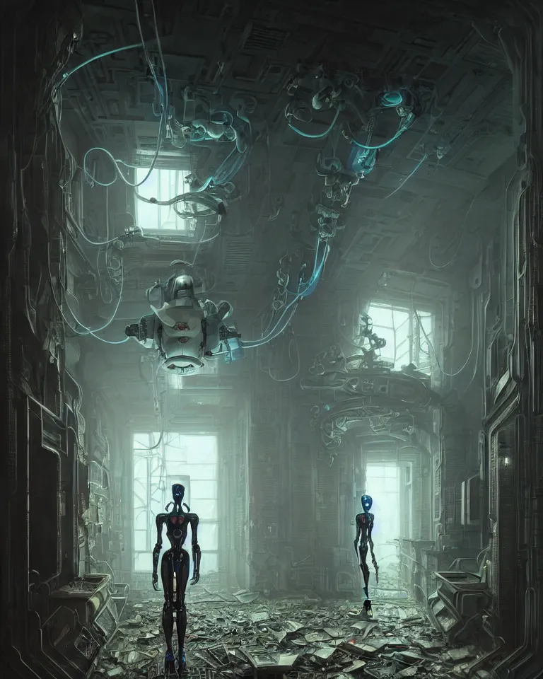 Image similar to low angle shot of a cyberpunk robot character inside a chernobyl room, intricate, elegant, highly detailed, centered, digital painting, artstation, concept art, smooth, sharp focus, illustration, artgerm, tomasz alen kopera, peter mohrbacher, donato giancola, joseph christian leyendecker, wlop, boris vallejo