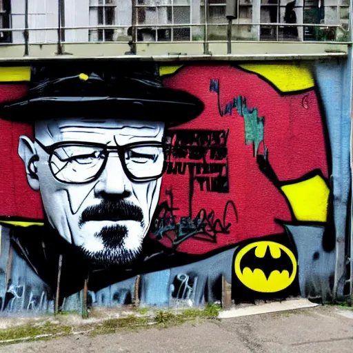 Prompt: Heisenberg, Walter White as Batman, Urban Graffiti Banksy, Bordalo, trending on artstation