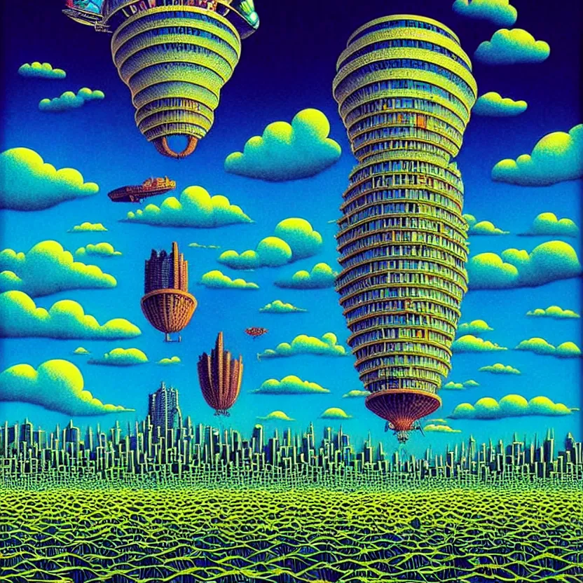 Image similar to surreal glimpse into other universe, mahanakorn tower with airship floating n the sky, summer morning, very coherent and colorful high contrast, art by!!!! rafal olbinski!!!!, geof darrow, floralpunk screen printing woodblock, dark shadows, hard lighting, stipple brush technique,