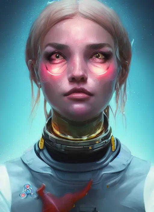 Image similar to portrait of a cosmonaut girl creature with biological parts by Artgerm and Greg Rutkowski , néon light, digital painting, highly detailed, trending on artstation