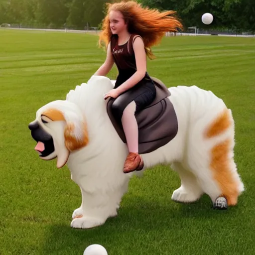 Image similar to girl riding a giant saint Bernard at the park that is catching a ball, trending on artstation