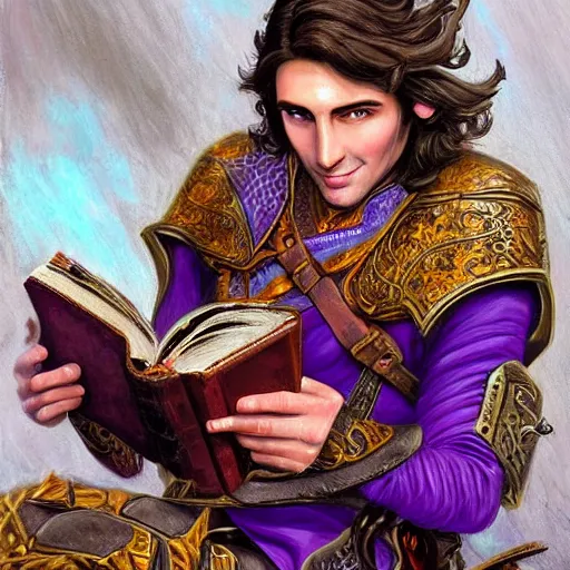 Prompt: d & d realistic painting portrait of a cheerful half elf male bard wearing a ornate purple leather armor. medium length brown hair, well groomed with brown eyes. clean shaven. holding a leather bound book open and writing in it with a fountain pen. sitting at a tavern table. hyper detailed