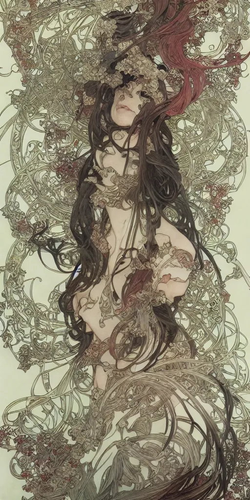 Image similar to yoshitaka amano anime painting, intricate line drawings, pen and ink, alphonse mucha, claire wendling, kentaro miura, ruan jia