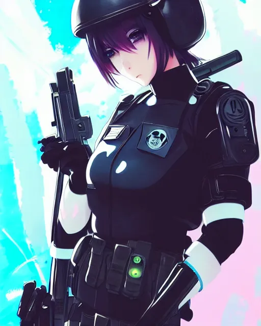 Image similar to 2 b, anime key visual of a young female swat officer, neon, cyberpunk, futuristic, white outfit, black swat vest, swat helmet, holding pdw, stunning, highly detailed, digital painting, smooth, soft focus, illustration, poster, japanese typography, digital art from artstation by artgerm and greg rutkowski and alphonse mucha