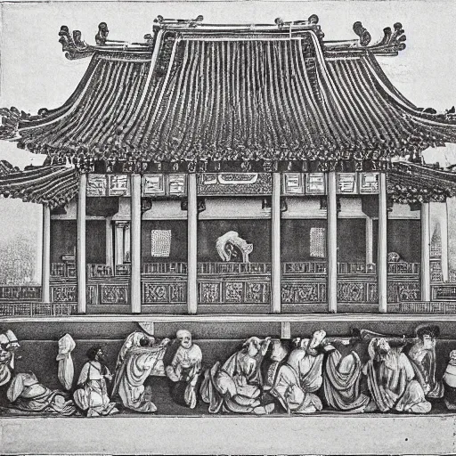 Prompt: allegorical renaissance engraving of a chinese temple complex