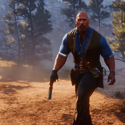 Image similar to High-quality screenshot of Dwayne The Rock Johnson in Red Dead Redemption 2, 8k cgsociety artstation