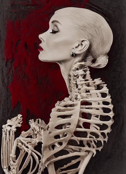 Image similar to a audrey hepburn face in profile made of blood skeleton in the style of the dutch masters and gregory crewdson dark and moody