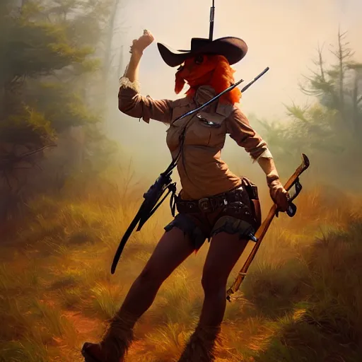 Image similar to splash art of cute feminine anthropomorphic vulpes vulpes fulva bounty huntress in the wild west, rugged clothes, motion blur, firefight, high energy action, dust, blurry : by weta, greg rutkowski, wlop, ilya kuvshinov, rossdraws, artgerm, octane render, liosh, mucha