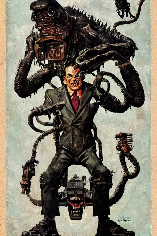 Prompt: 5 0 s pulp scifi fantasy illustration full body portrait monster wrecking laboratory, by norman rockwell, edd cartier, roberto ferri, jack kirby, howard v brown, ruan jia, jason fabok, tom lovell, frank r paul, dean cornwell, astounding stories, amazing, fantasy, other worlds