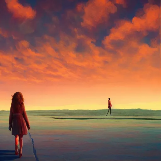 Image similar to giant daisy flower head, girl walking on salt flats mountains, surreal photography, sunrise, dramatic light, impressionist painting, colorful clouds, digital painting, artstation, simon stalenhag