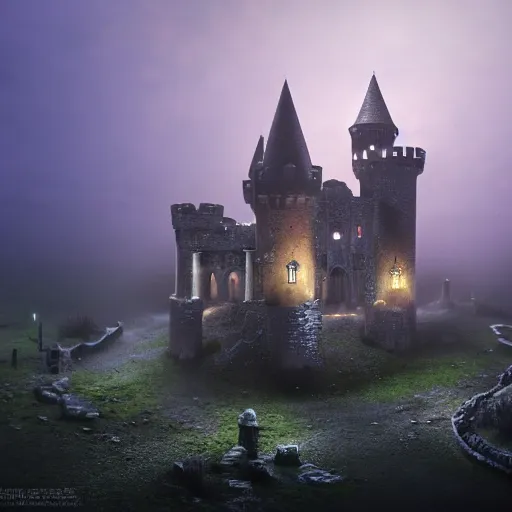 Image similar to abandoned castle, ultra realistic, 8 k, purple fog, dark, ultra detailed, highly detailed, fantastically detailed, professional photography, night time, cinematic