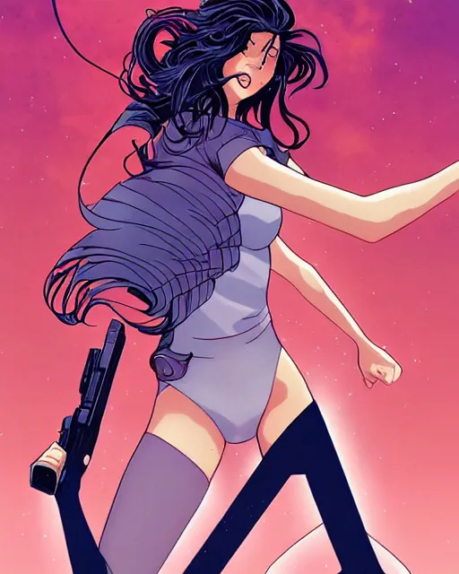 Image similar to comic cover art of a flirtatious supermodel running, inspired by gunsmith cats and clamp, illustration by jenny frison and sana takeda, intricate details, stunning inking lines, stunning gradient colors, 4 k, hd, artstation