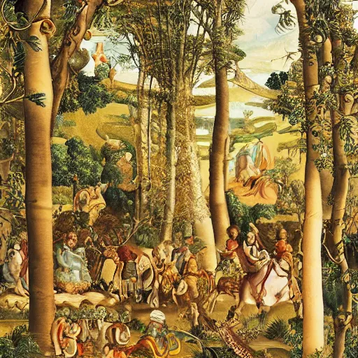 Image similar to a beautiful forest made of ivory and gold, highly intricate, digital art, very detailed, in the style of pontormo