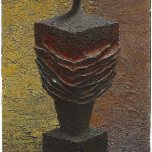 Image similar to a detailed, impasto painting by shaun tan and louise bourgeois of an abstract forgotten sculpture by ivan seal and the caretaker ( 1 8 9 0 )