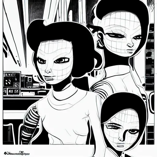 Image similar to twin sister models hacking into the mainframe of the pentagon, in the style of jamie hewlett and riyoko ikeda, black and white, photorealistic, epic, super cool