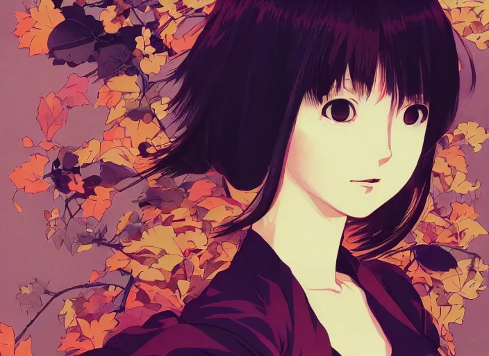 Image similar to yoh yoshinari editorial illustration colorful anime portrait of shiina ringo, murata range, manga, ilya kuvshinov, fine texture, detailed, matte colors, perfect anime face, cinematic dramatic lighting, film grain, dynamic composition, moody, vivid, volumetric, alphonse mucha, stippled lighting