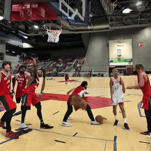 Prompt: a group of fursuiters playing basketball for the Toronto Raptors, photo