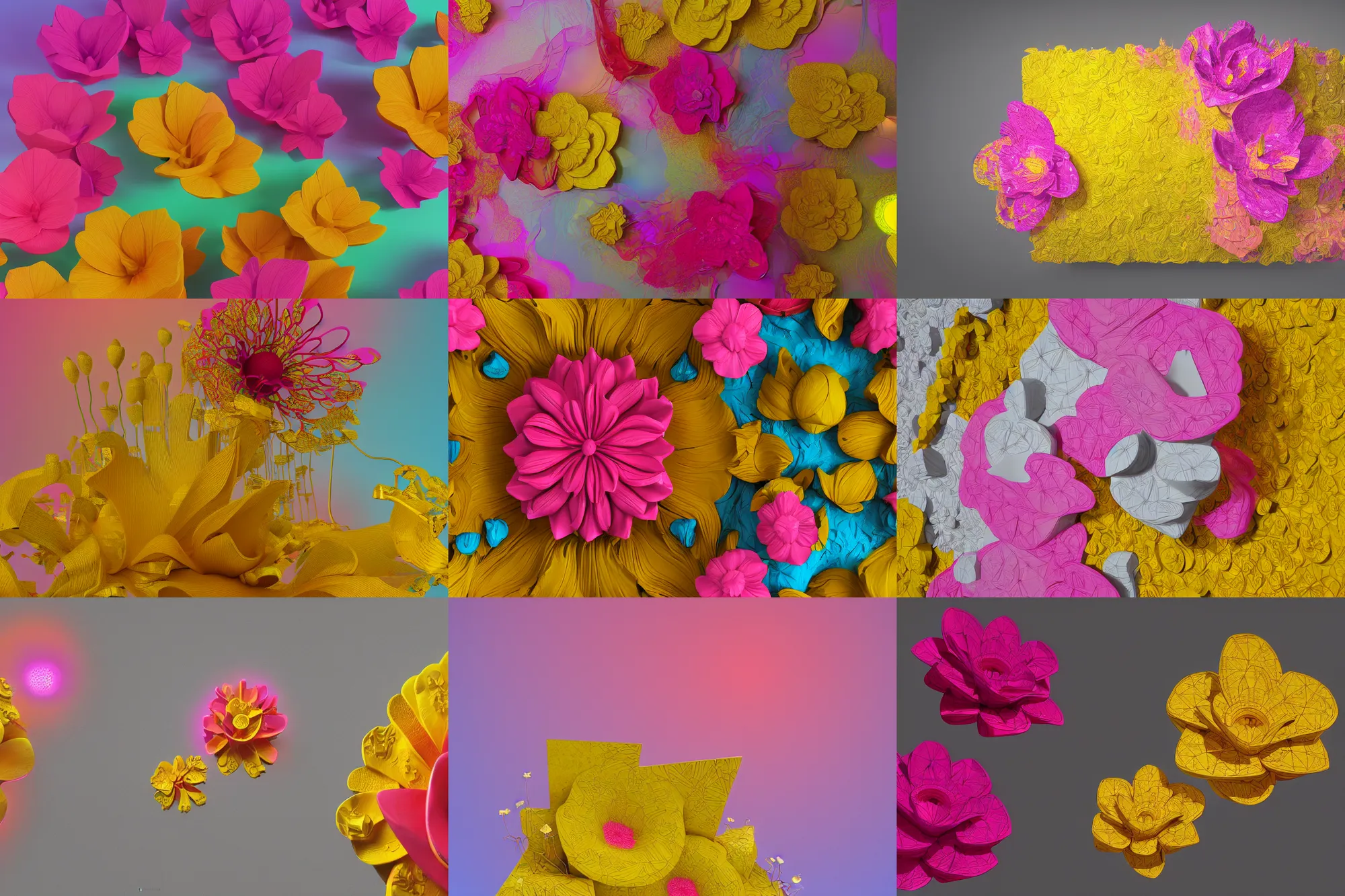 Prompt: abstract intricate 3 d model of a rectangular mixed media sculpture made of yellow hibiscus, pink lotuses, connected by boho floral vines, by jennifer mccurdy, surrealistic, rectangular piece of art, museum piece, volumetric lighting, 4 k, octane render, artstation, wide angle shot, bokeh