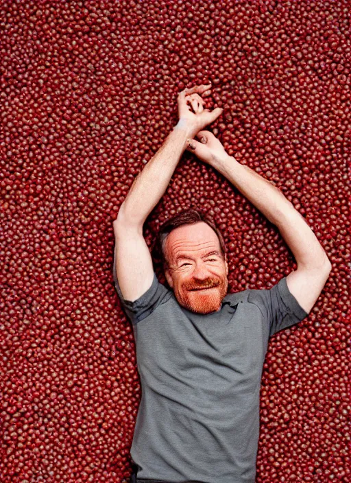 Image similar to closeup portrait of bryan cranston happy face surrounded by cranberries, food photography, natural light, sharp, detailed face, magazine, press, photo, steve mccurry, david lazar, canon, nikon, focus