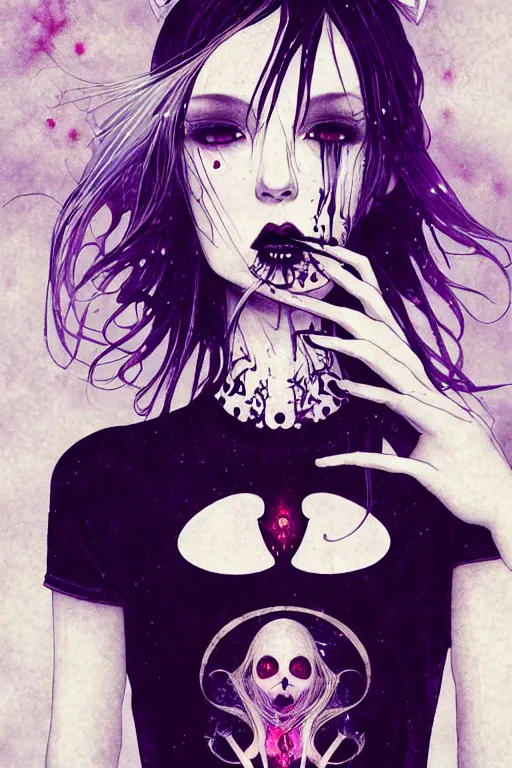 Image similar to Gothic girl smoking, fractal t-shirt with holes, dark background. digital art. amazing quality. perfect lighting. Professional design. Great composition. by Ayami Kojima and Tomoyuki Yamasaki and H.P. Lovecraft, octane render, award winning art. impressive colors. trending on artstation. Conrad Roset style