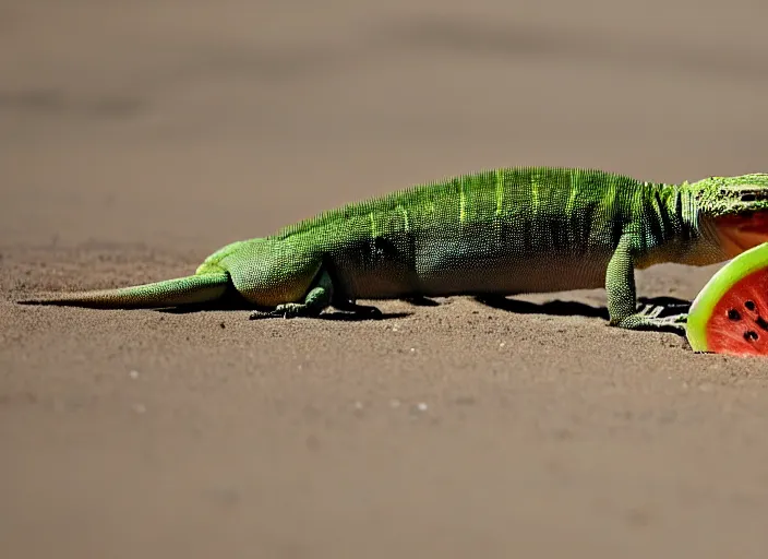 Image similar to a lizard out in the beach while looking into a sliced melon in front of it