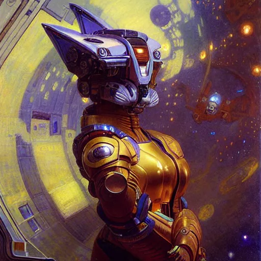 Image similar to portrait of a space fox. futuristic spaceship. shadowrun furaffiniy cyberpunk fantasy highly detailed painting by gaston bussiere craig mullins jc leyendecker gustav klimt artgerm greg rutkowski john berkey, bergey, craig mullins, ruan jia, raymond swanland, jeremy mann, tom lovell, alex malveda