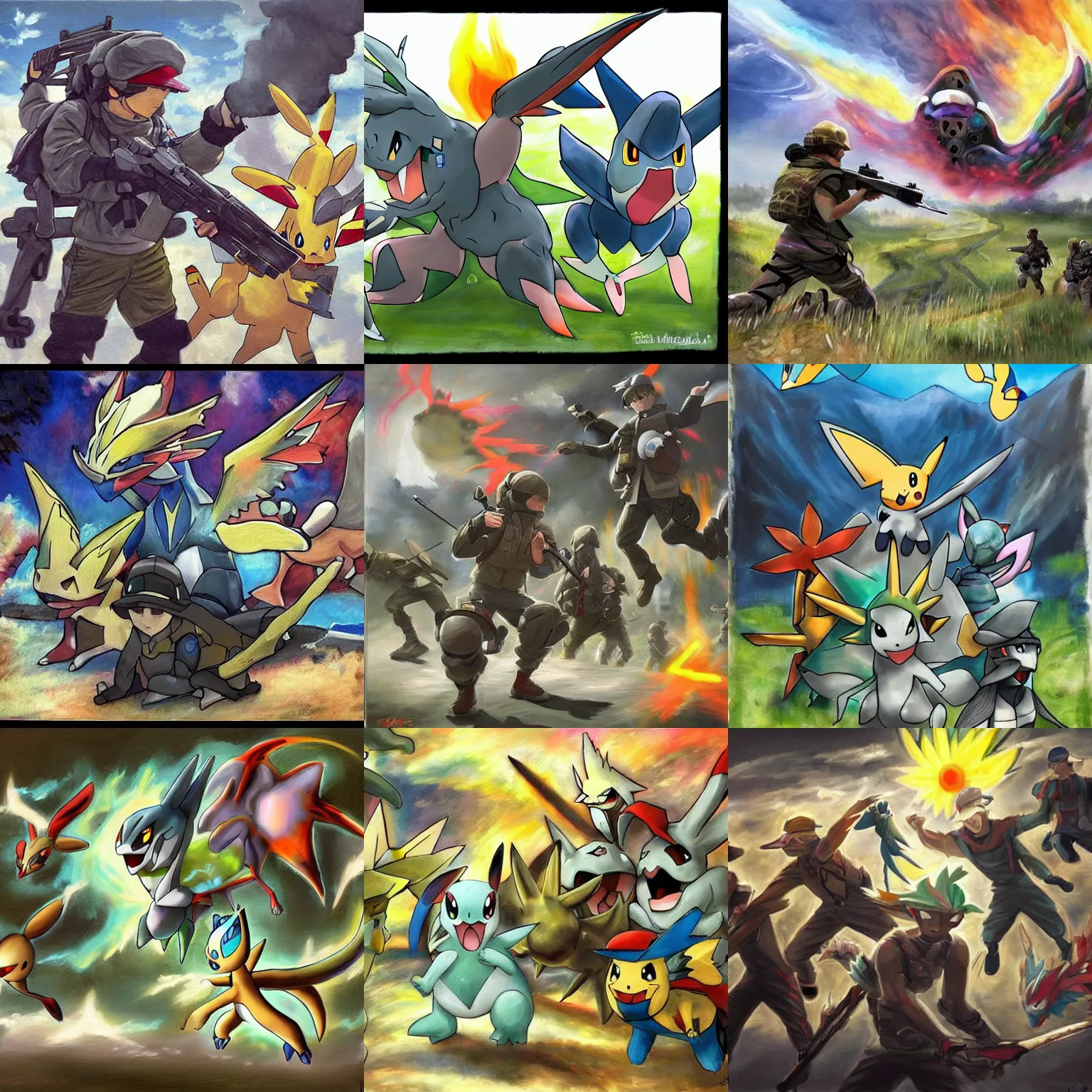 Prompt: pokemon modern warfare, epic painting