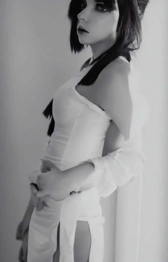 Image similar to studio photo of gorgeous seductive emily skinner cosplaying annie leonhart wearing tight white dress, beautiful face, pale skin, rule of thirds, cinematic lighting, sharp focus, backlit, stunning, smooth, hard focus, full body shot