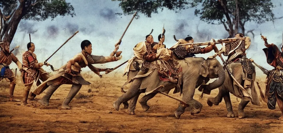 Prompt: the elephant battle, elephant duel scene, king naresuan of ayutthaya versus crown prince mingyi swa of burma in burmese - siamese war ( 1 5 4 7 - 1 5 4 9 ), a colorized photo, colorized, # film, movie still