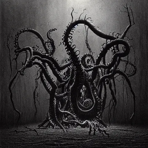 Prompt: A lovecraftian eldritch horror drawn by Beksinski