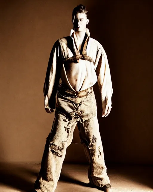 Image similar to an award - winning photo of an ancient male model wearing a boot cut flared distressed medieval designer menswear trousers designed by kapital, 4 k, studio lighting, wide angle lens, 2 0 0 4
