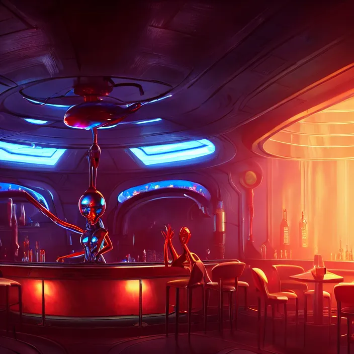 Image similar to a bar in an alien casino, masterpiece, trending on artstation, featured on pixiv, cinematic composition, dramatic pose, beautiful lighting, sharp, details, hyper - detailed, hd, hdr, 4 k, 8 k