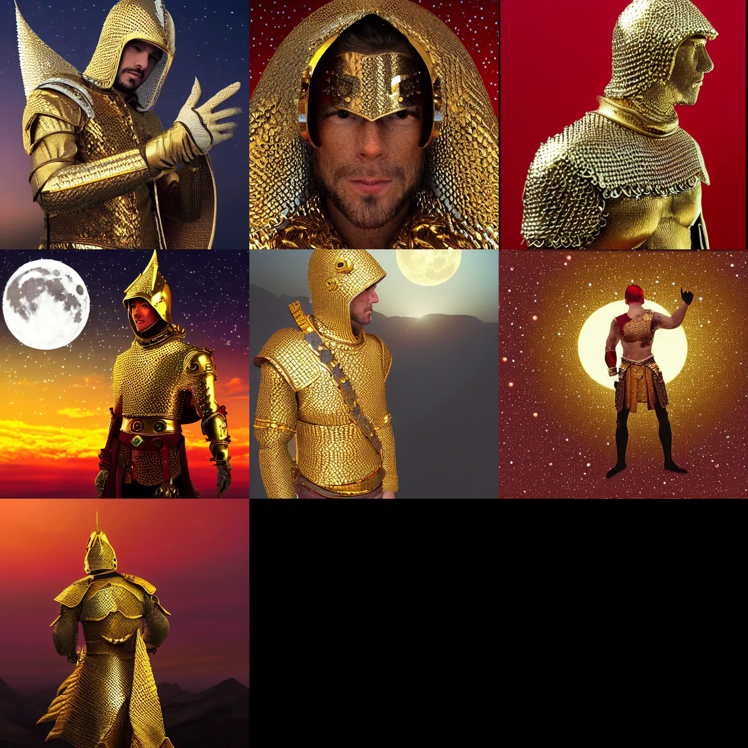 Prompt: man wearing golden scalemail embedded with rubies,photorealistic,red sky,full moon,