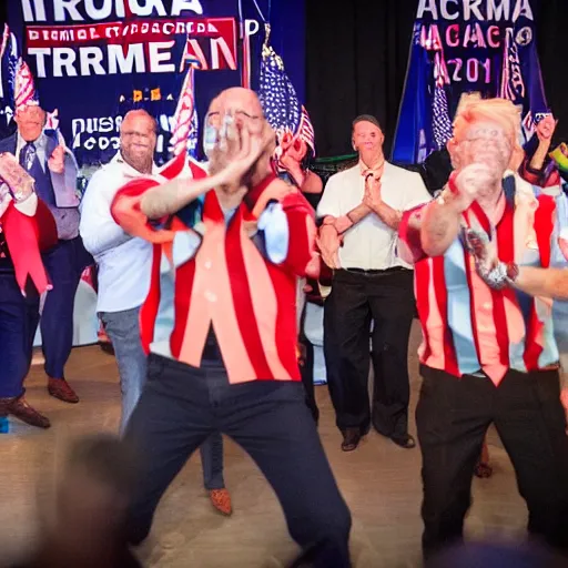 Prompt: trump's party and the proud boys dancing to ymca.