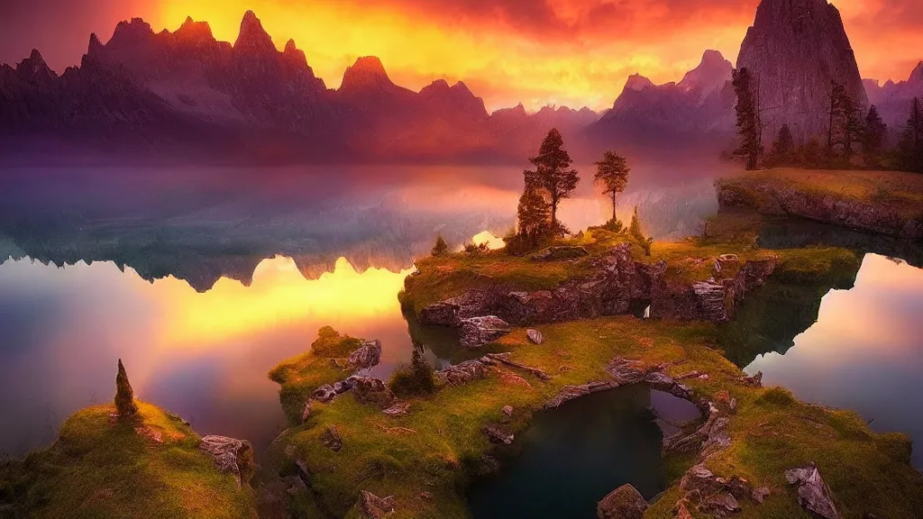 Prompt: amazing landscape photo of a fairy castle with lake in sunset by marc adamus, beautiful dramatic lighting