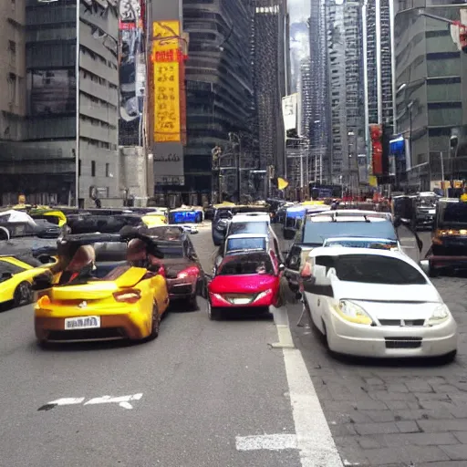 Prompt: giant crazy cat eating cars in big city.