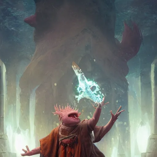 Image similar to oil painting of a Anthropomorphized Axolotl wizard casting epic spell, sharp focus, heroic pose, fantasy style, octane render, volumetric lighting, 8k high definition, by greg rutkowski, highly detailed, trending on art Station, magic the gathering artwork, centered